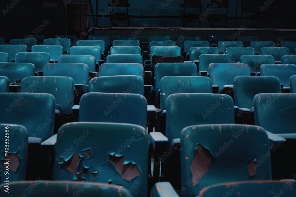 Fototapeta premium Rows of worn-out blue theater seats in an empty auditorium, illuminated by dim lighting, suggesting an abandoned or nostalgic atmosphere.