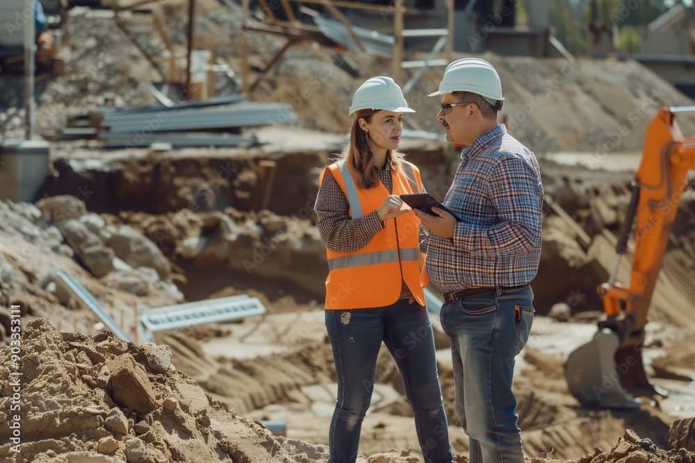 A Hispanic Caucasian-speaking female inspector works at a construction site A Hispanic Caucasian-speaking female inspector works at a construction site