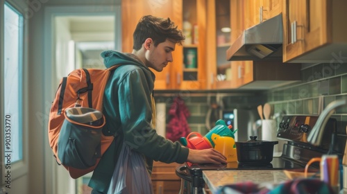 College Student Unpacking Kitchen Supplies in Dorm Kitchenette - Realistic Student Life Scene