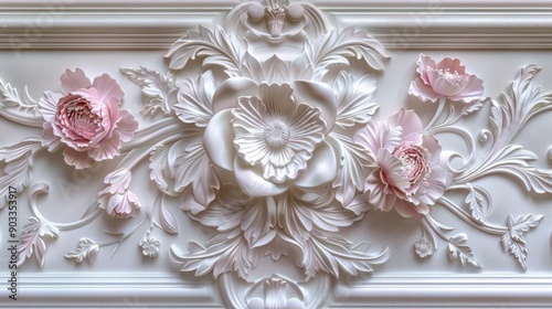 Elegant white and pink floral relief design on a wall.