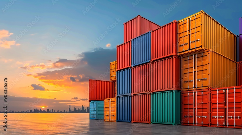 Fototapeta premium Stacked Cargo Containers at Sunset.