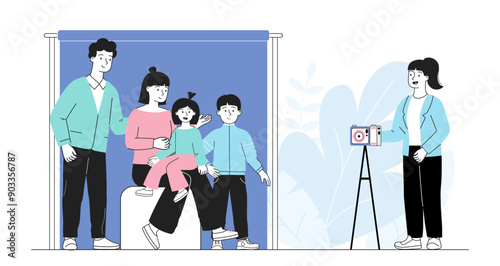 Family photo shoot. Photographer with camera takes photo of large family. Picture of parents and kids. Father, mother with son and daughter. Linear vector illustration
