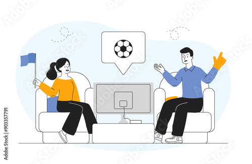 Football fans concept. Man and woman sit in front of TV and watch tournament and competition. Entertainment, fun and leisure. Sportive event. Linear vector illustration