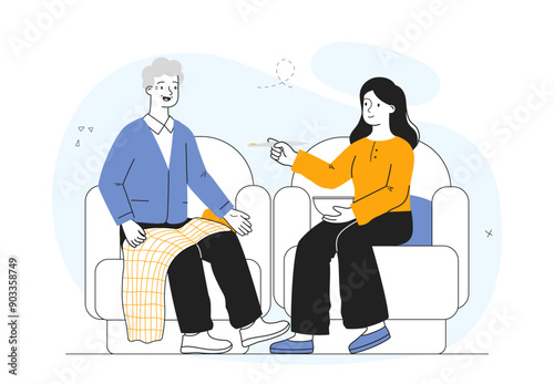 Woman feeding grandfather. Young girl gives food to elderly man. Volunteer helps pensioner and sick senior. Care and support, help. Linear vector illustration