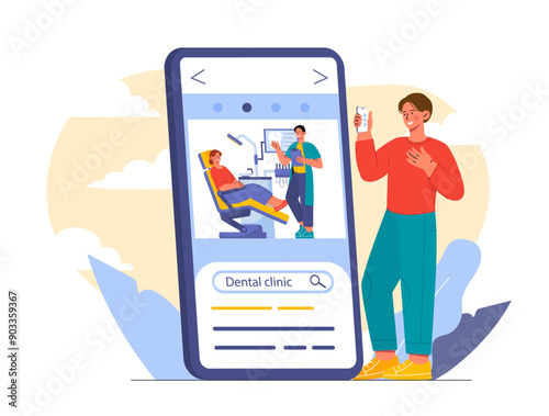 Finding dentist application. Man with smartphone chooses specialist. Medical mobile appliction. Dental health and oral hygiene. Healthcare, medicine and treatment. Flat vector illustration