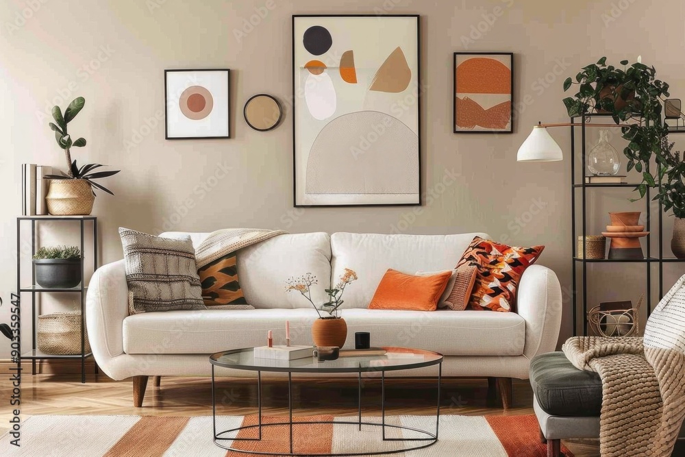 Stylish and inviting orange and white living room with modern couch, coffee table, and lush green plants Stylish and inviting orange and white living room with modern couch, coffee table, and lush green plants