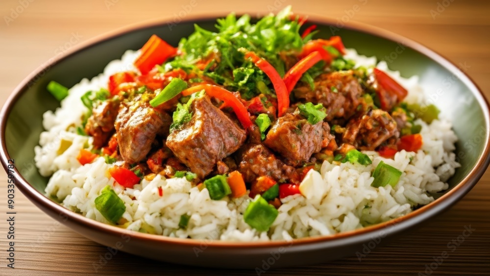 A delicious meal of stirfried beef and rice ready to be savored A delicious meal of stirfried beef and rice ready to be savored