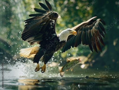 A bald eagle snatching a fish from the water's surface photo