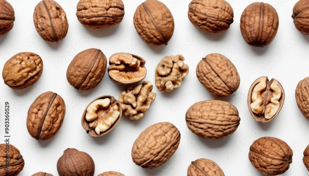 A collection of almonds some whole some cracked open on a white background A collection of almonds some whole some cracked open on a white background