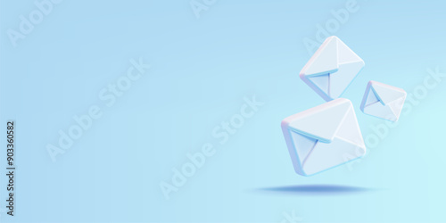 3D white envelopes in the air, postal letter, email. Banner for the concepts of mailing, web design, business, marketing, customer communication. Vector illustration.