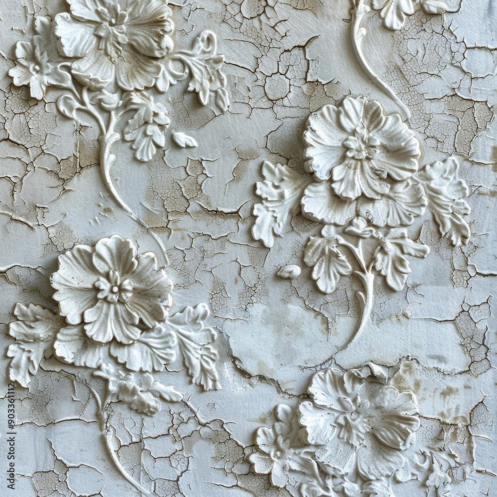 White floral relief pattern on cracked beige background White floral relief pattern on cracked beige background