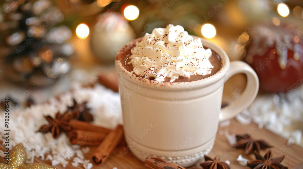 A cozy cup of hot chocolate topped with whipped cream, surrounded by festive decorations and spices, perfect for the holidays. A cozy cup of hot chocolate topped with whipped cream, surrounded by festive decorations and spices, perfect for the holidays.