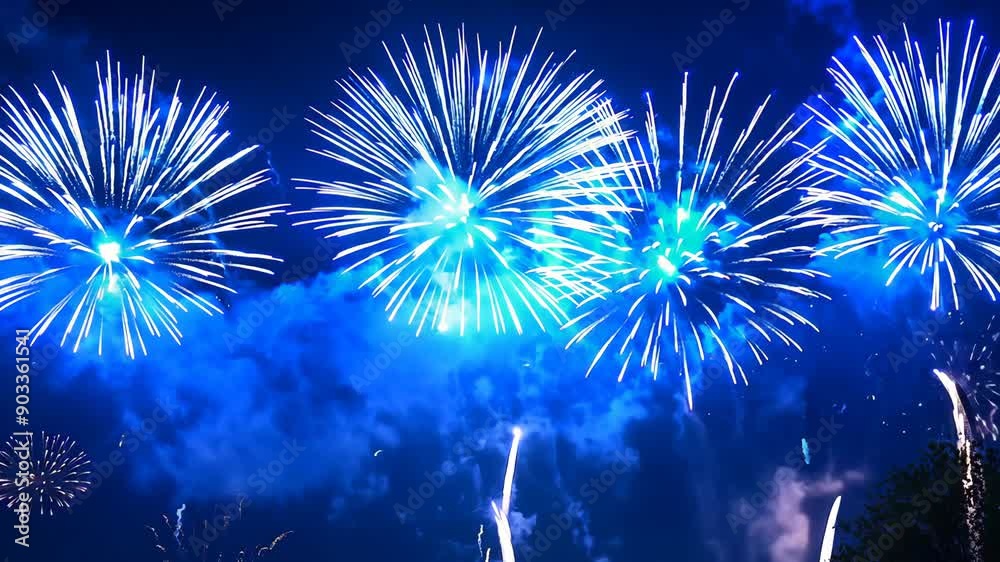 Bright blue fireworks display in night sky