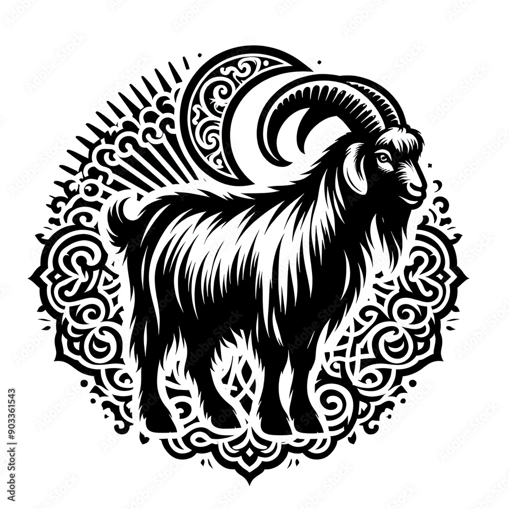 Fototapeta premium a Goat black line stencil artwork isolated on white background PNG