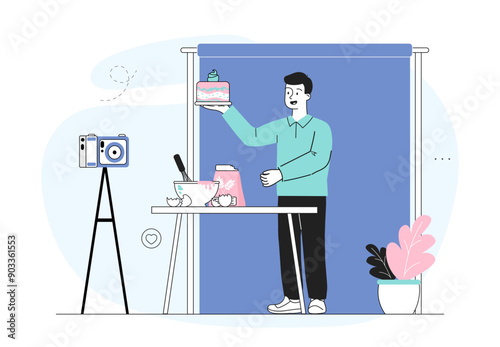Man record food blog. Young guy with cake in hand stands in front of camera. Popular blogger records master class, content for social networks and video hostings. Linear vector illustration