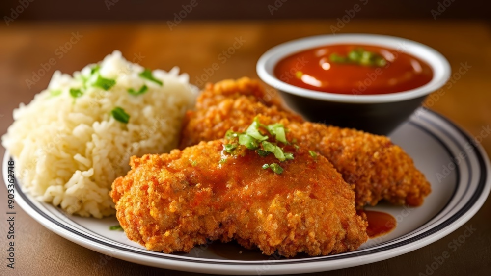  Delicious Asian meal with fried rice and spicy sauce