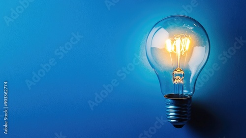 A solitary lightbulb illuminating a blue background, offering space for creativity and innovation.