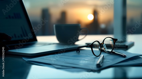 Sunset Business Desk: A minimalist office desk bathed in the golden hues of a setting sun, featuring a laptop, a cup of coffee, glasses, a pen, and documents, reflecting a sense of calm focus and prod