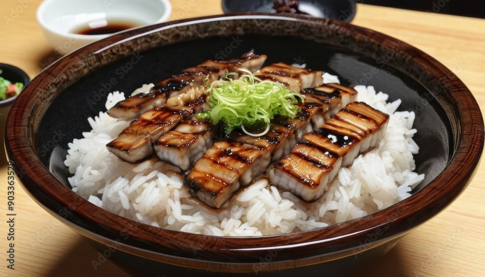 Deliciously grilled seafood on a bed of rice ready to be savored Deliciously grilled seafood on a bed of rice ready to be savored