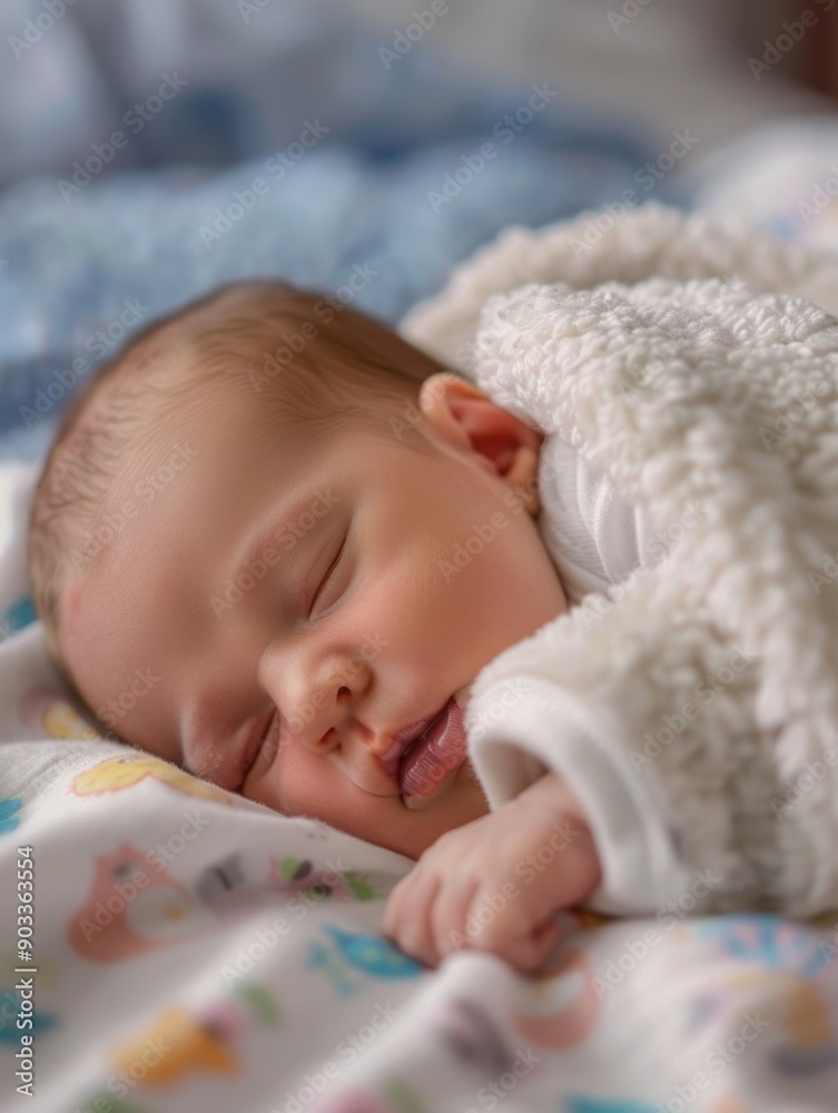 A baby is sleeping wrapped in a soft blanket on a bed A baby is sleeping wrapped in a soft blanket on a bed