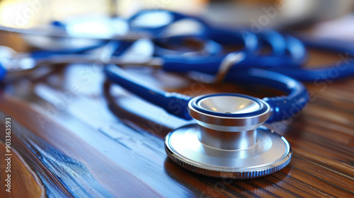 Close-up of a blue stethoscope placed on a wooden table, symbolizing medical care and healthcare professionals.