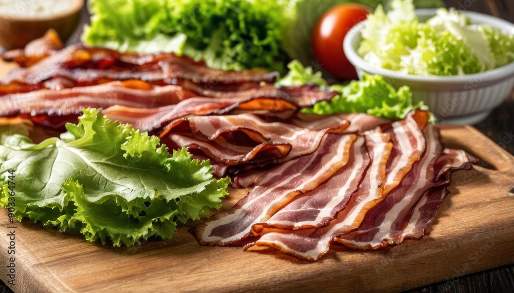 Freshly sliced bacon and crisp lettuce ready for a delicious BLT Freshly sliced bacon and crisp lettuce ready for a delicious BLT