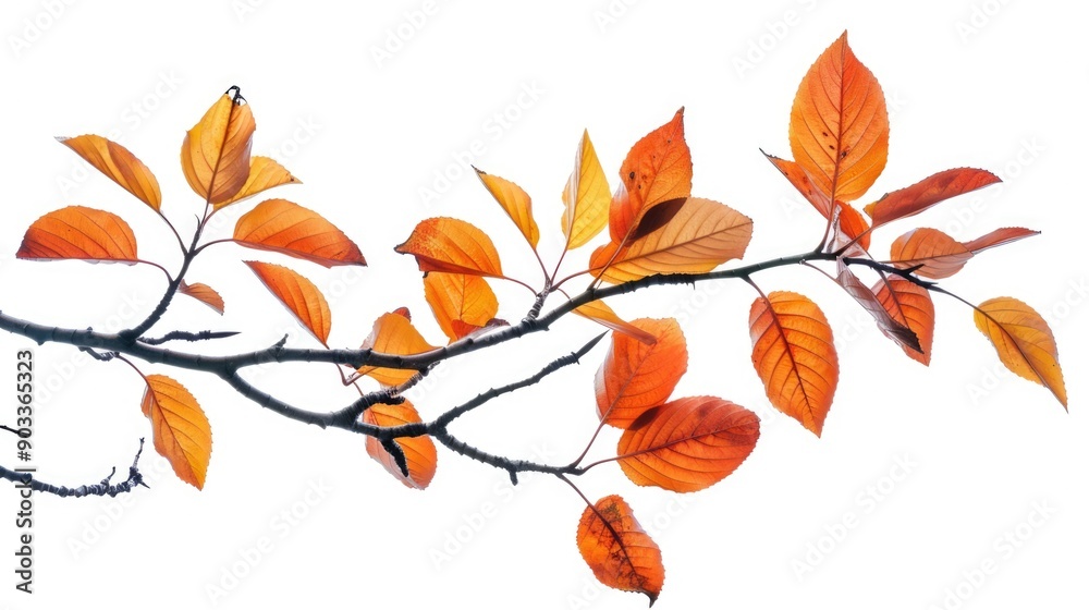 A branch with orange leaves against a bright white sky, ideal for use in nature-inspired designs and compositions A branch with orange leaves against a bright white sky, ideal for use in nature-inspired designs and compositions