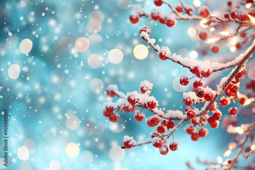 A Festive Christmas Scene Featuring a Close-Up of Snow-Covered Red Berries Against a Magical Teal Bokeh Background A Festive Christmas Scene Featuring a Close-Up of Snow-Covered Red Berries Against a Magical Teal Bokeh Background