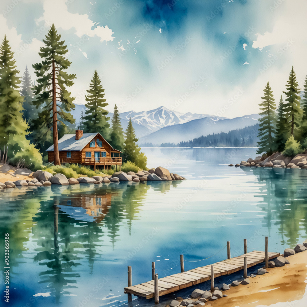 Fototapeta premium A stunning watercolor illustration of Lake Tahoe in California. Capture the crystal-clear, turquoise waters of the lake, reflecting the surrounding snow-capped Sierra Nevada mountains.