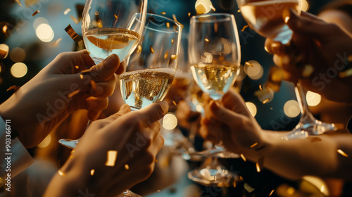 close-up shot of friends holding champagne, toasting and celebrating, with golden shards adding a festive sparkle