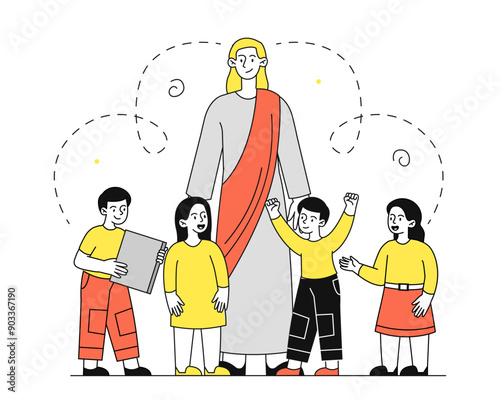 Jesus and children. God in tunic with boys and girls. Christianity and Catholicism. Religion and belief, historical myth and legend. Linear vector illustration