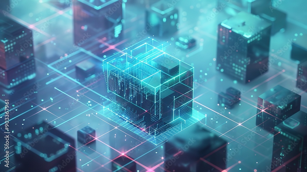 Abstract 3D Representation of a Digital Network with Glowing Lines
