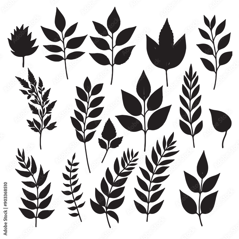 set of silhouettes of leaves on white set of silhouettes of leaves on white