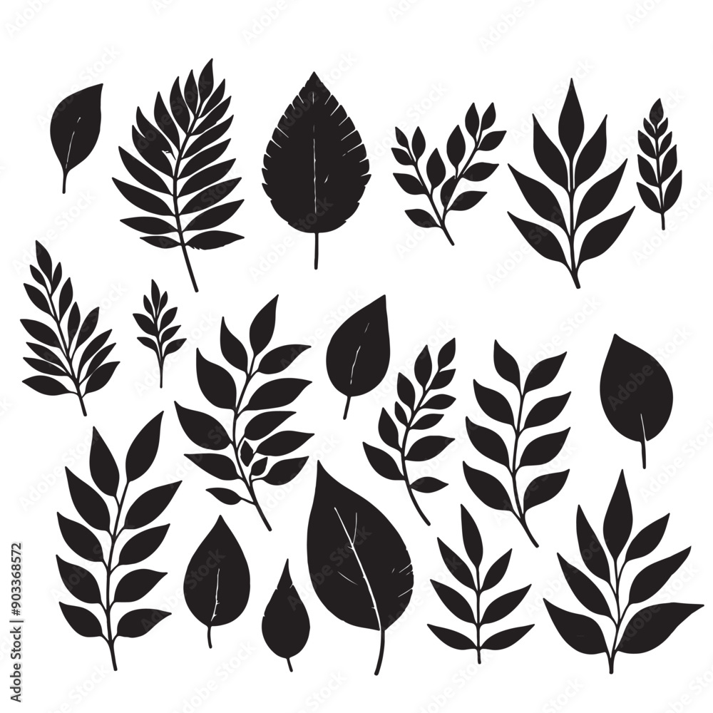 set of silhouettes of leaves on white set of silhouettes of leaves on white