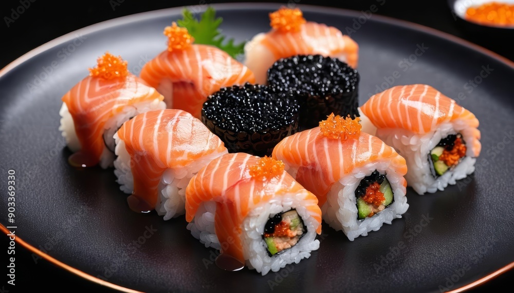Deliciously crafted sushi rolls ready to be savored Deliciously crafted sushi rolls ready to be savored
