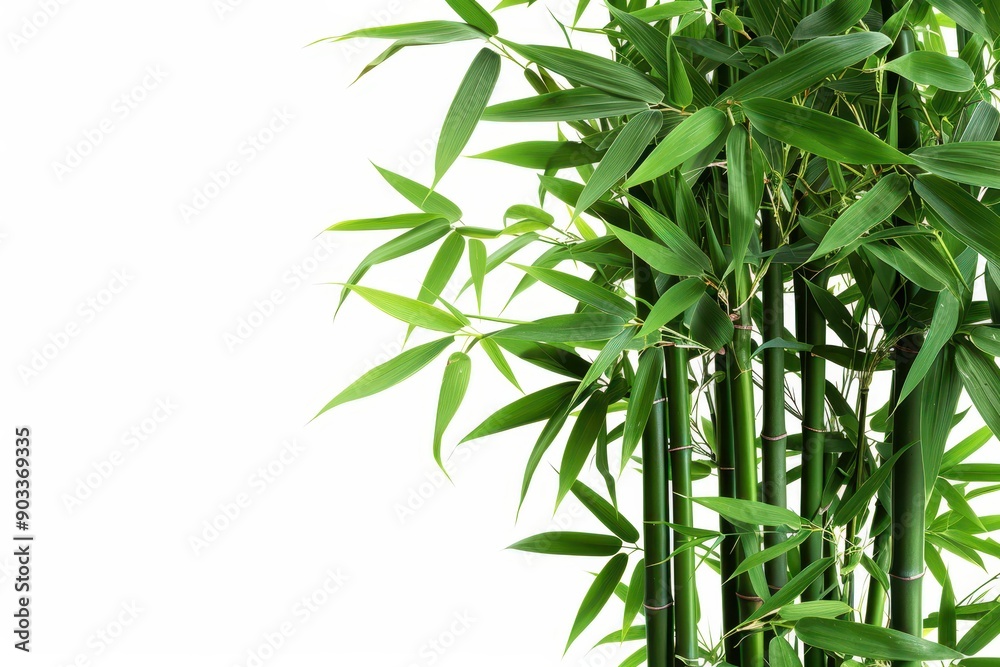 Fototapeta premium A green bamboo stalk with lush leaves, isolated on a white background. The image is clean and crisp, with a full depth of field that highlights the natural beauty of the bamboo.