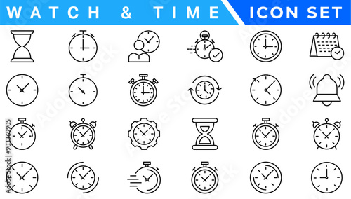 Time and clock, calendar, timer line icons. Vector linear icon set.