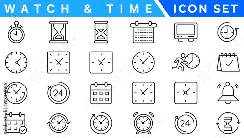 Time and clock, calendar, timer line icons. Vector linear icon set.