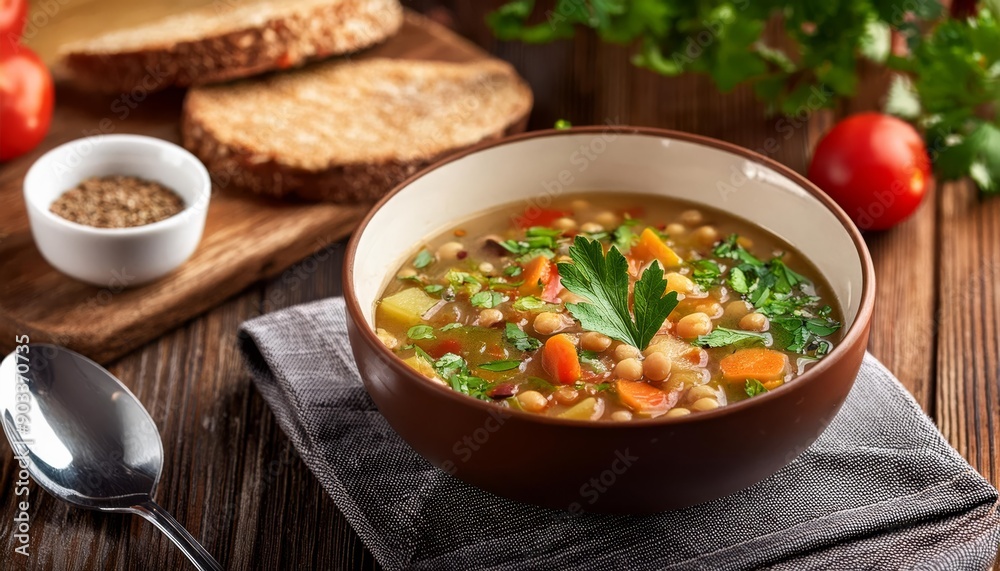A bowl of chickpea soup with vegetables and parsley garnish A bowl of chickpea soup with vegetables and parsley garnish