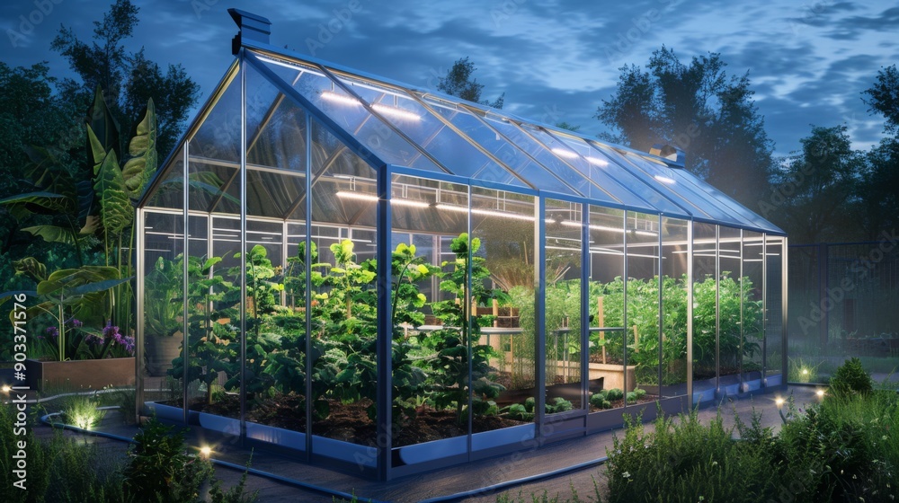 A glass greenhouse with grow lights illuminated inside, surrounded by trees at night.
