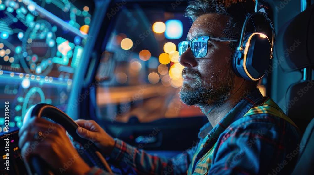 Fototapeta premium A man with headphones and glasses drives a high-tech vehicle at night, surrounded by digital displays.