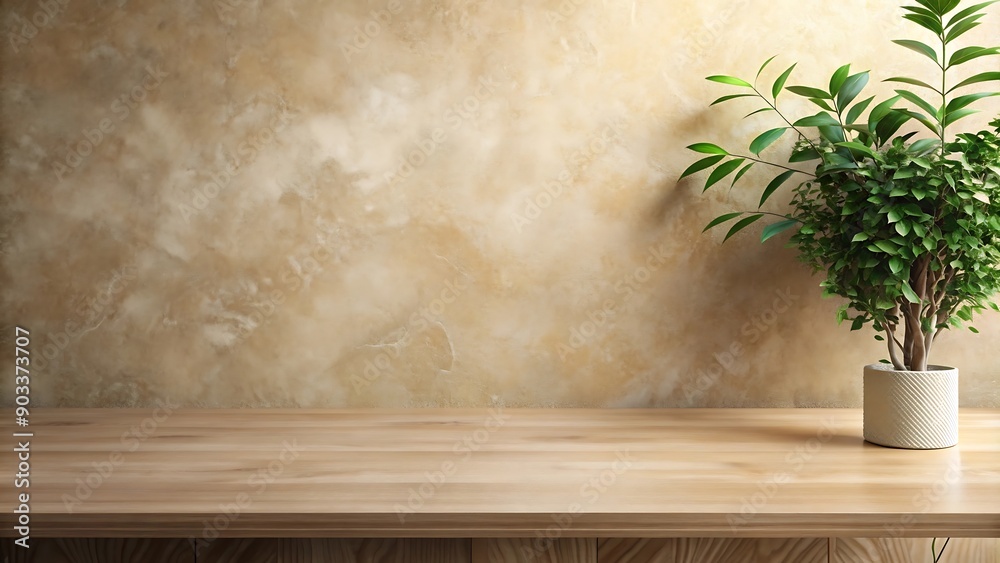 Wooden Tabletop with Green Plant and Beige Wall. Wooden Tabletop with Green Plant and Beige Wall.