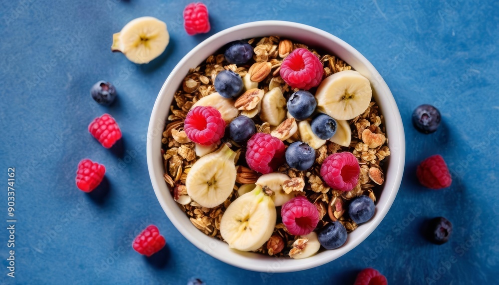 Freshly prepared fruit and granola bowl ready to enjoy Freshly prepared fruit and granola bowl ready to enjoy