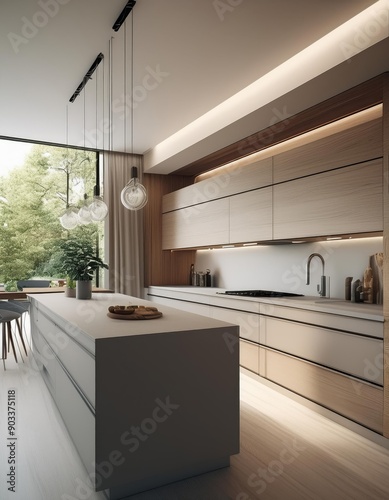 A modern kitchen with a large island and sleek cabinets