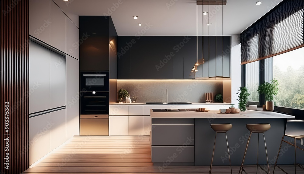 A modern kitchen with a large island stainless steel appliances and a window overlooking a lush garden A modern kitchen with a large island stainless steel appliances and a window overlooking a lush garden