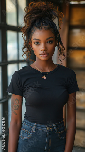 A beautiful woman with dreadlocks wearing a black shirt. She is outdoors in a city. photo