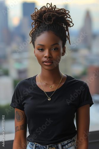 A beautiful woman with dreadlocks wearing a black shirt. She is outdoors in a city. photo