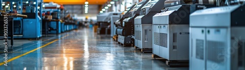 Wallpaper Mural Industrial Efficiency: Sleek, modern machinery lines a pristine factory floor, showcasing the precision and power of industrial automation.  Torontodigital.ca