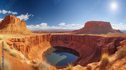 Vast Sinkhole in the Colorado Plateau - Minimalist Red Rock Formations under Bright Sunlight and Blue Sky