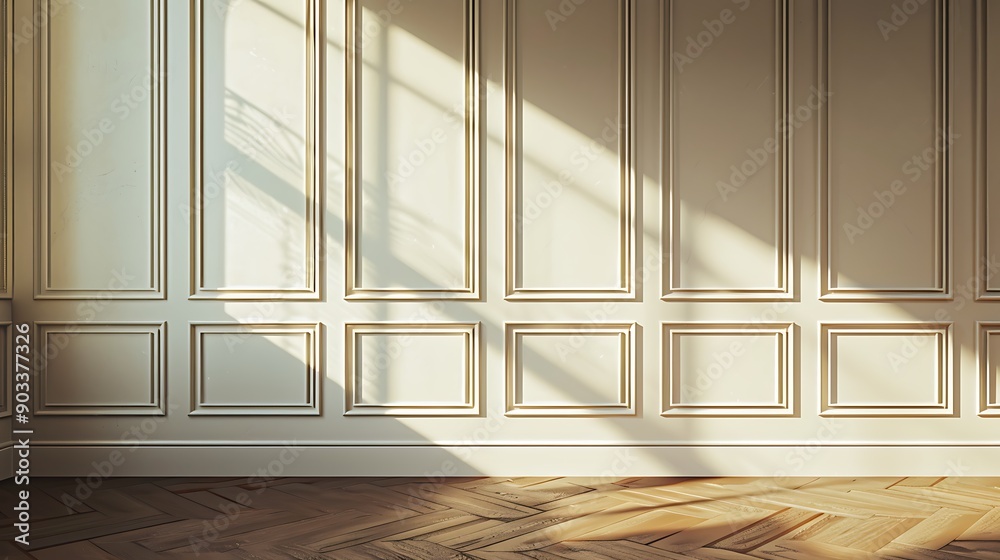 Fototapeta premium Elegant White Wall with Sunlight and Wooden Floor